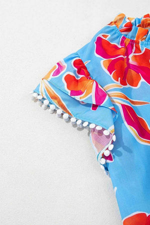 Floral Print Notched Pompom Trim Flutter Sleeve Blouse - StyleLure