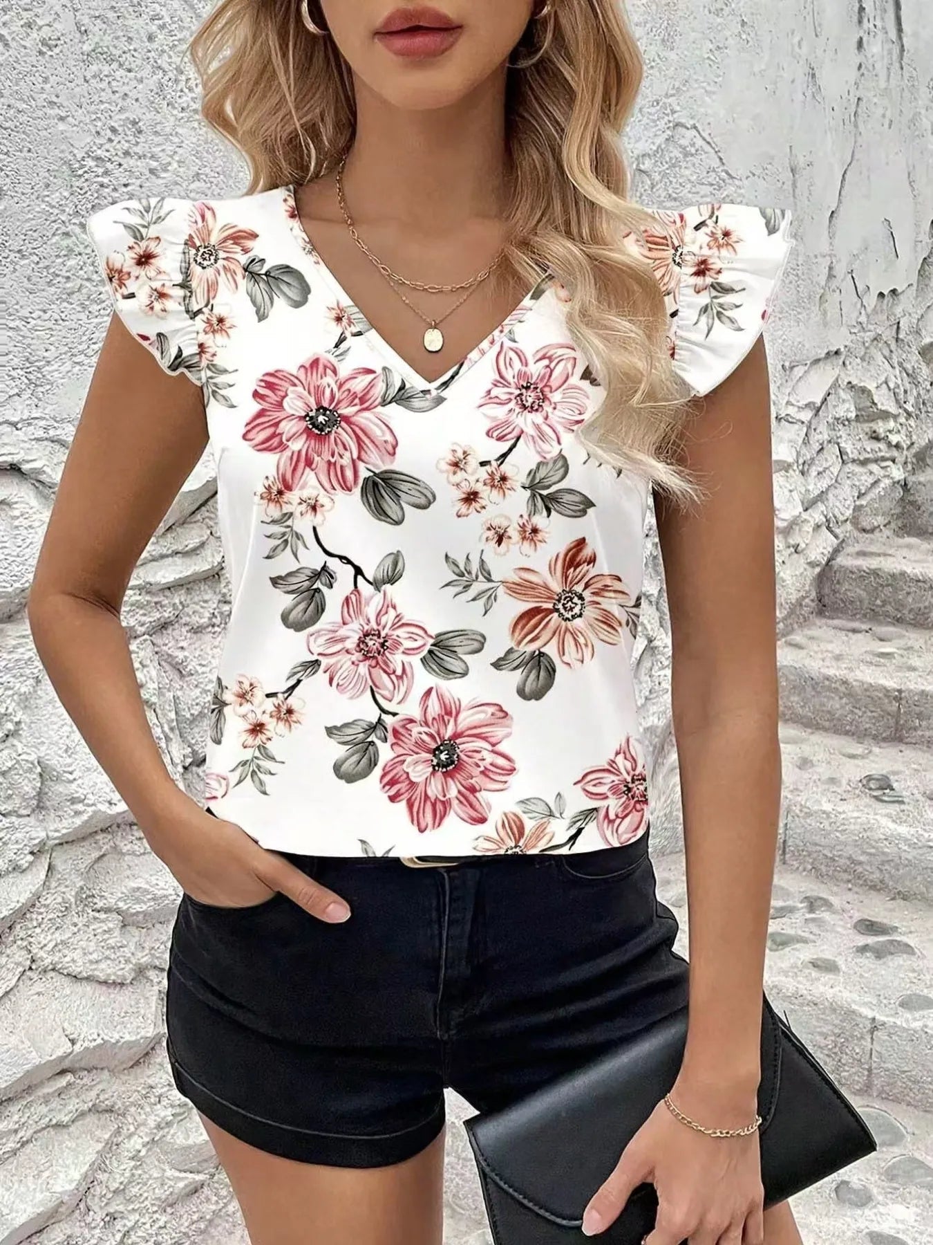 Floral Print Ruffle Sleeve V - Neck Blouse - StyleLure