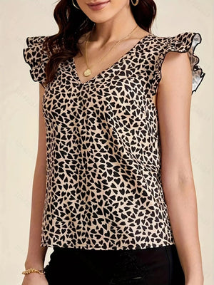 Floral Print Ruffle Sleeve V - Neck Blouse - StyleLure