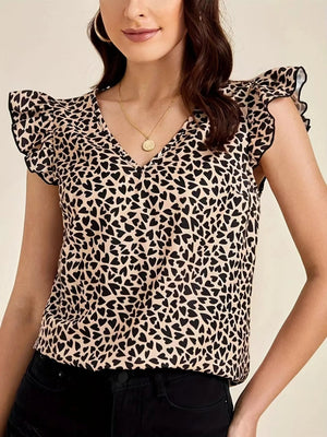 Floral Print Ruffle Sleeve V - Neck Blouse - StyleLure