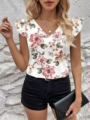 Floral Print Ruffle Sleeve V - Neck Blouse - StyleLure