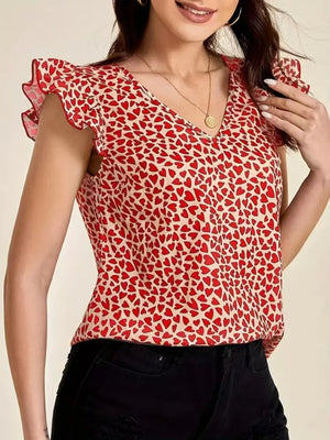 Floral Print Ruffle Sleeve V - Neck Blouse - StyleLure