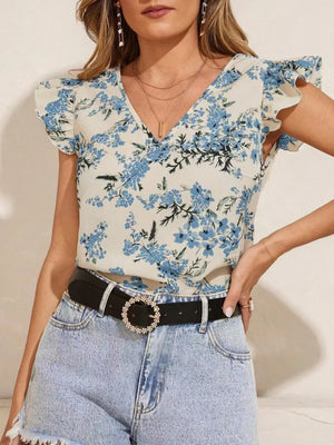 Floral Print Ruffle Sleeve V - Neck Blouse - StyleLure
