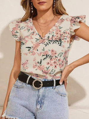 Floral Print Ruffle Sleeve V - Neck Blouse - StyleLure