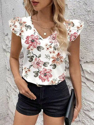 Floral Print Ruffle Sleeve V - Neck Blouse - StyleLure