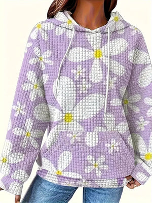 Floral Print Textured Drawstring Hoodie - StyleLure