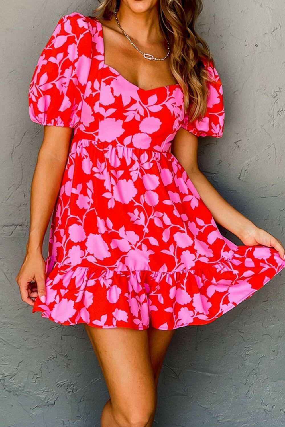 Floral Puff Sleeve Sweetheart Neck Ruffled Mini Dress - StyleLure