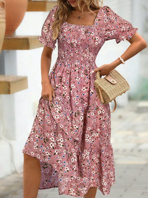 Floral Square Neck Short Sleeve Tiered Dress - StyleLure
