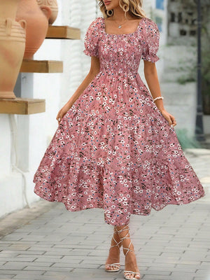 Floral Square Neck Short Sleeve Tiered Dress - StyleLure