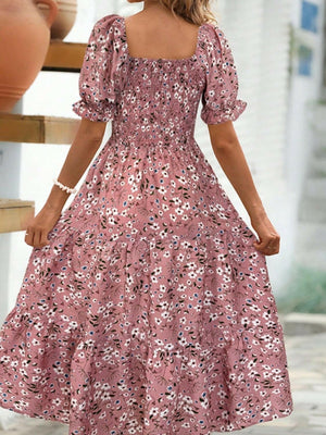 Floral Square Neck Short Sleeve Tiered Dress - StyleLure