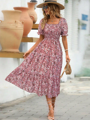 Floral Square Neck Short Sleeve Tiered Dress - StyleLure