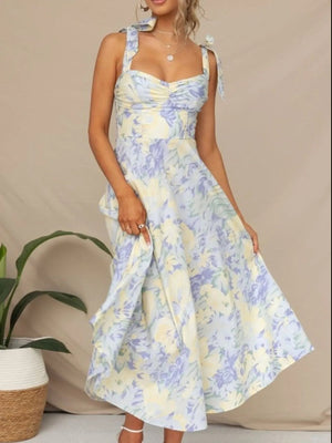 Floral Tie - Strap Sweetheart Neck Midi Dress - StyleLure