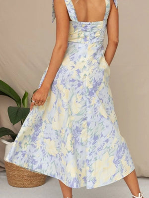 Floral Tie - Strap Sweetheart Neck Midi Dress - StyleLure