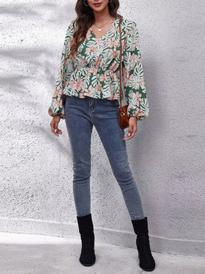 Floral V - Neck Balloon Sleeve Blouse - StyleLure
