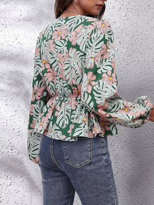 Floral V - Neck Balloon Sleeve Blouse - StyleLure