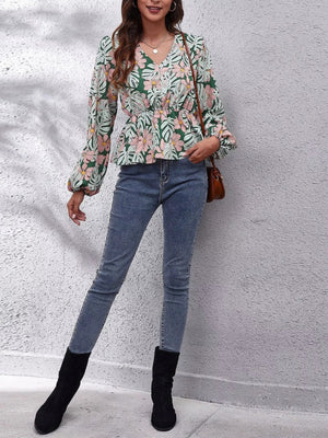 Floral V - Neck Balloon Sleeve Blouse - StyleLure