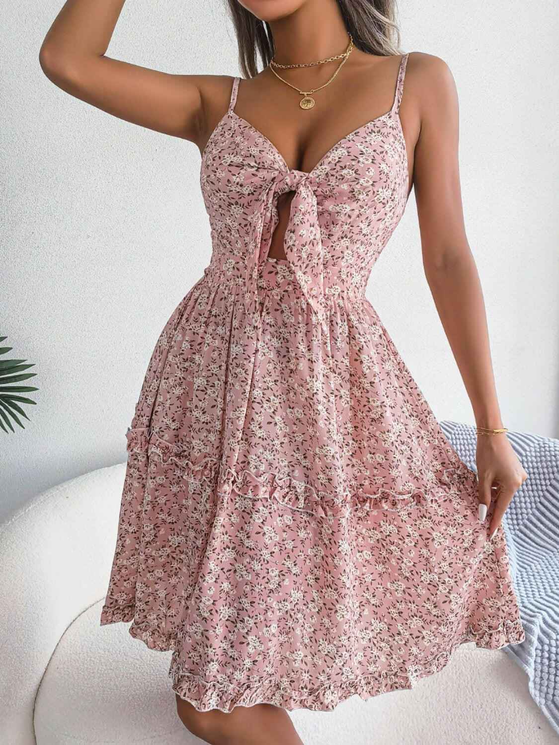 Frill Ditsy Floral Spaghetti Strap Mini Dress - StyleLure