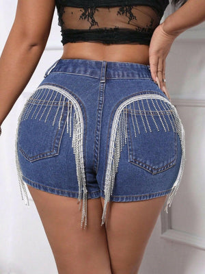 Fringe Back Denim Shorts with Pockets - StyleLure