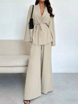 Front Tied Shirt and Wide - Leg Pants Set - StyleLure