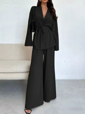 Front Tied Shirt and Wide - Leg Pants Set - StyleLure