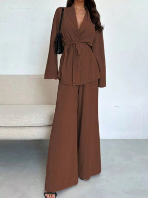 Front Tied Shirt and Wide - Leg Pants Set - StyleLure