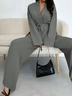 Front Tied Shirt and Wide - Leg Pants Set - StyleLure