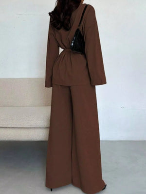 Front Tied Shirt and Wide - Leg Pants Set - StyleLure