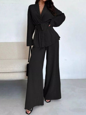 Front Tied Shirt and Wide - Leg Pants Set - StyleLure