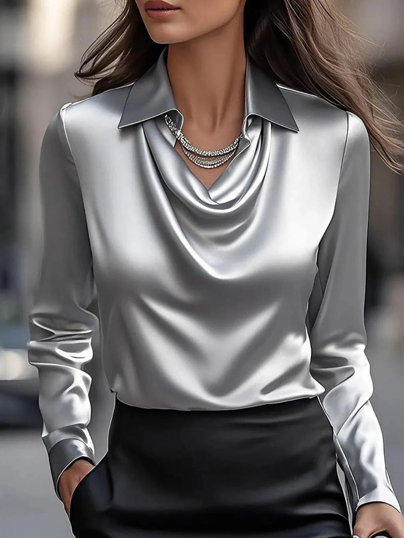 Full Size Collared Neck Long Sleeve Blouse Plus Size - StyleLure