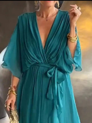 Full Size Flowy Tie Front Midi Dress with Flutter Sleeves Plus Size - StyleLure