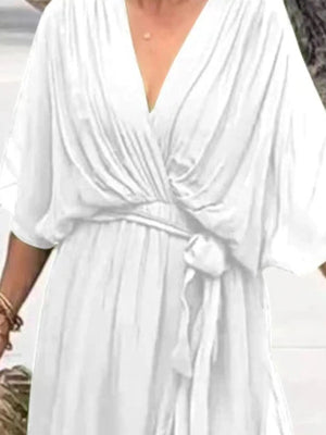 Full Size Flowy Tie Front Midi Dress with Flutter Sleeves Plus Size - StyleLure