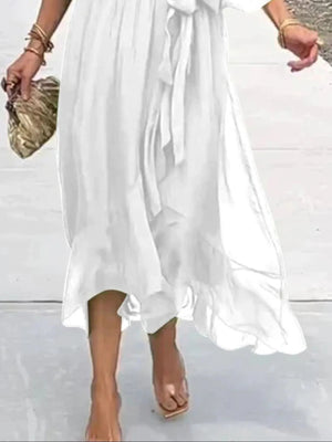 Full Size Flowy Tie Front Midi Dress with Flutter Sleeves Plus Size - StyleLure