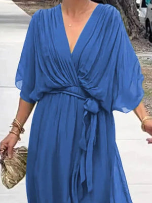 Full Size Flowy Tie Front Midi Dress with Flutter Sleeves Plus Size - StyleLure