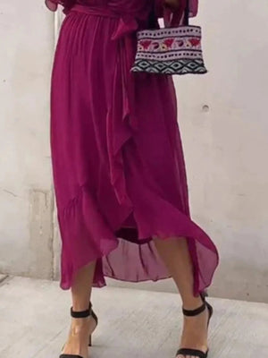 Full Size Flowy Tie Front Midi Dress with Flutter Sleeves Plus Size - StyleLure