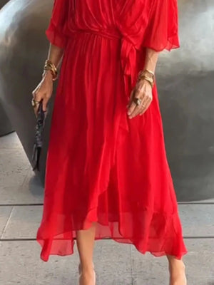 Full Size Flowy Tie Front Midi Dress with Flutter Sleeves Plus Size - StyleLure