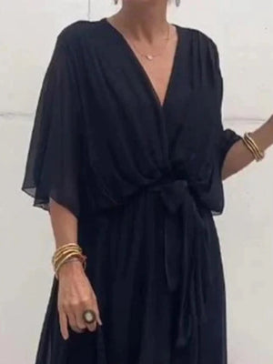 Full Size Flowy Tie Front Midi Dress with Flutter Sleeves Plus Size - StyleLure