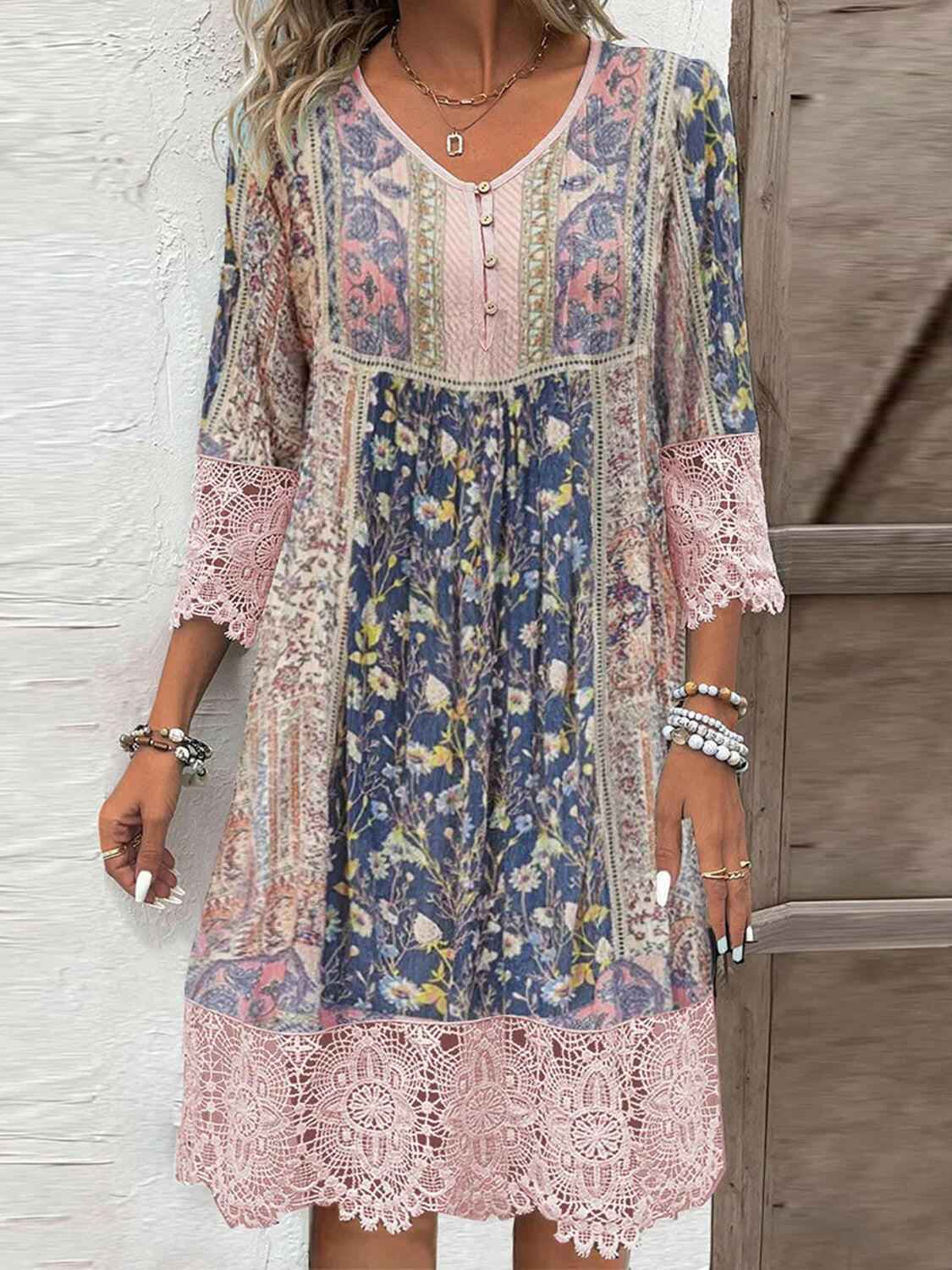 Full Size Lace Detail Printed Three - Quarter Sleeve Dress - StyleLure