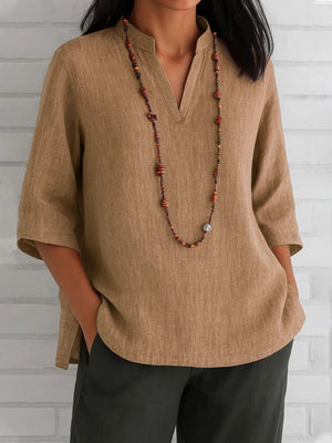 Full Size Notched Three - Quarter Sleeves Blouse Plus Size - StyleLure