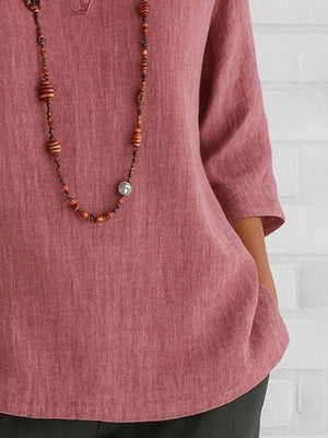 Full Size Notched Three - Quarter Sleeves Blouse Plus Size - StyleLure