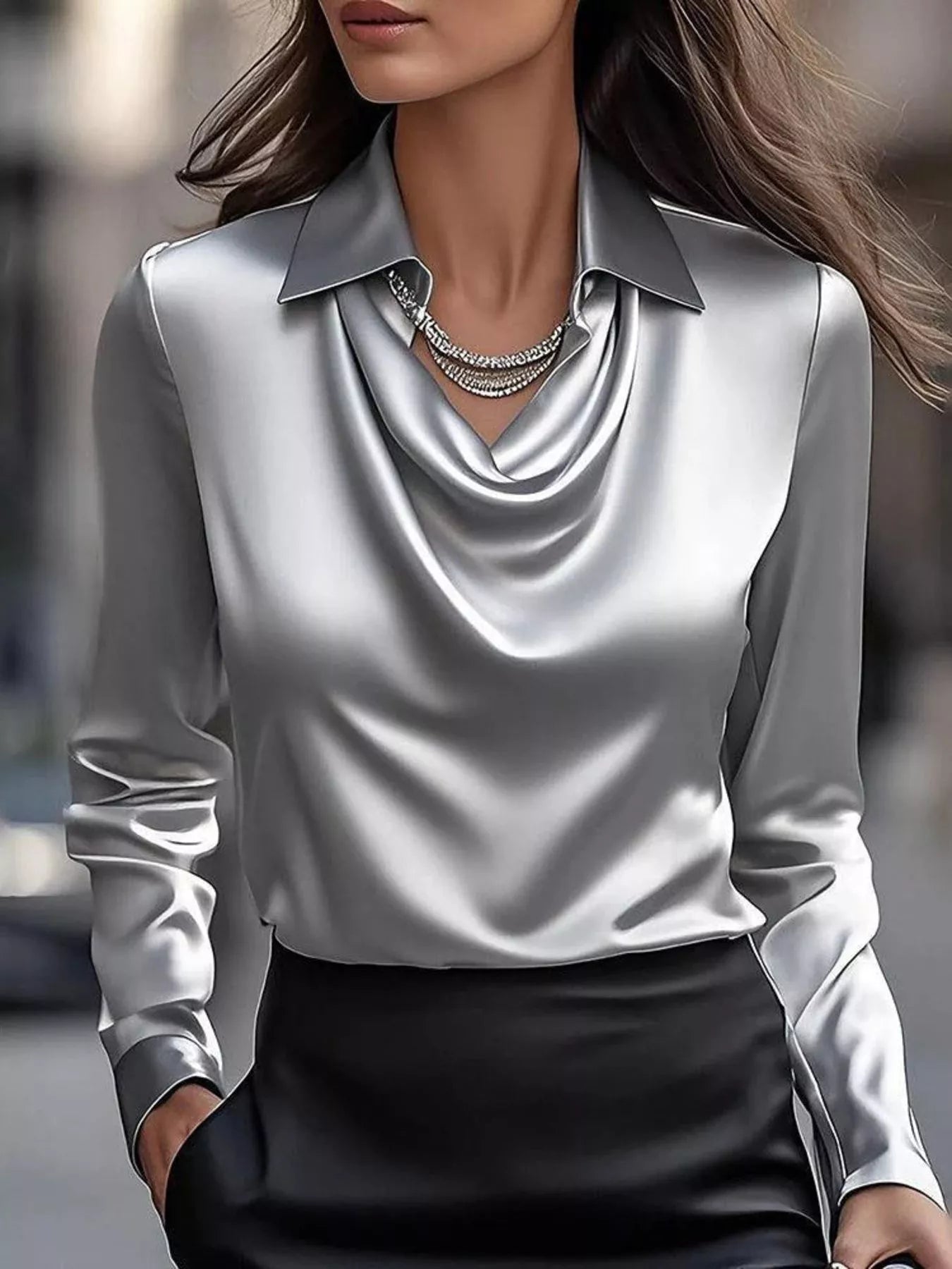 Full Size Satin Cowl Neck Long Sleeve Blouse Plus Size - StyleLure