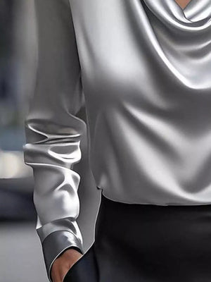 Full Size Satin Cowl Neck Long Sleeve Blouse Plus Size - StyleLure