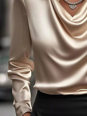 Full Size Satin Cowl Neck Long Sleeve Blouse Plus Size - StyleLure