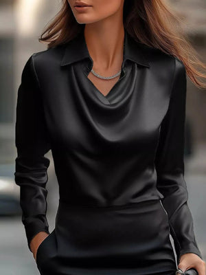 Full Size Satin Cowl Neck Long Sleeve Blouse Plus Size - StyleLure