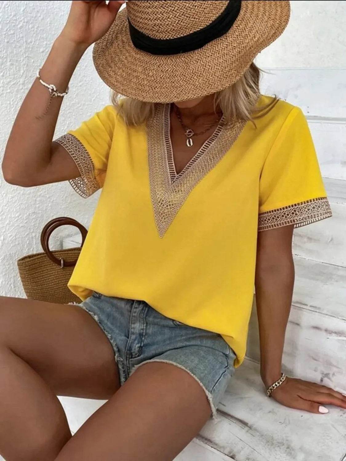 Full Size V - Neck Short Sleeve Blouse Plus Size - StyleLure