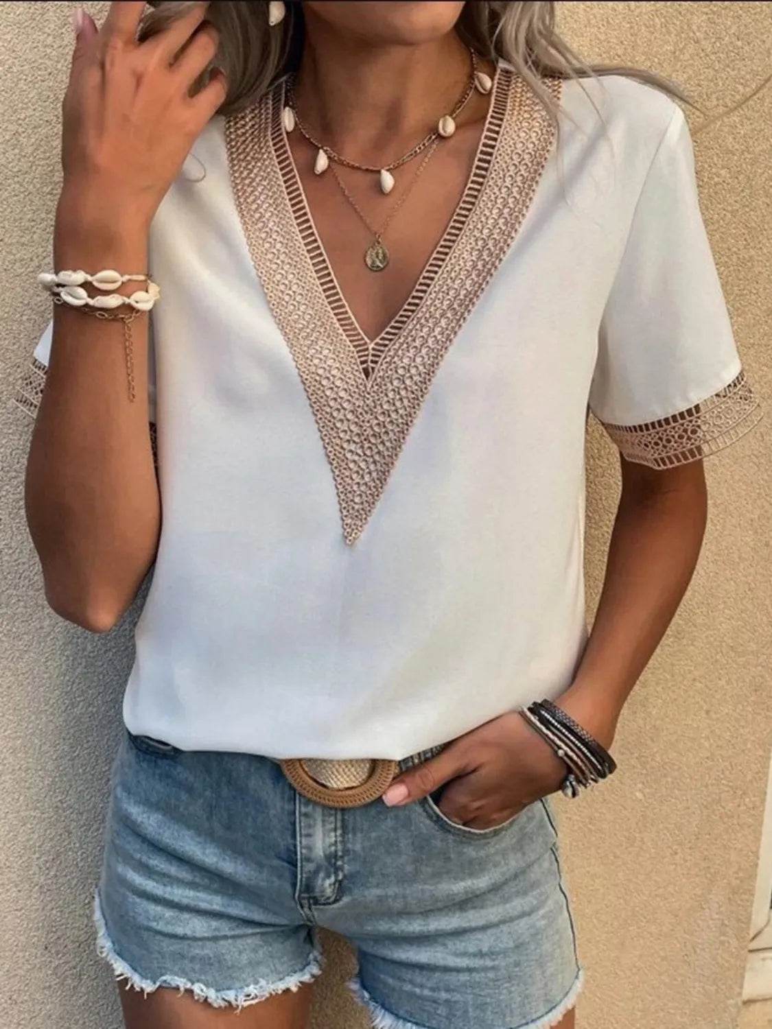 Full Size V - Neck Short Sleeve Blouse Plus Size - StyleLure