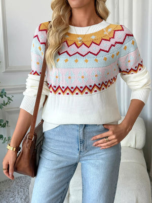 Geometric Round Neck Long Sleeve Sweater - StyleLure