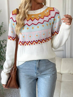 Geometric Round Neck Long Sleeve Sweater - StyleLure