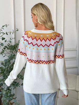 Geometric Round Neck Long Sleeve Sweater - StyleLure