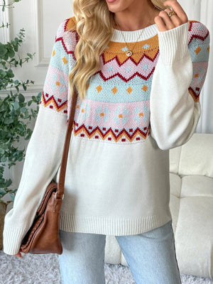 Geometric Round Neck Long Sleeve Sweater - StyleLure