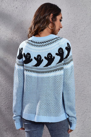 Ghost Pattern Round Neck Long Sleeve Sweater - StyleLure